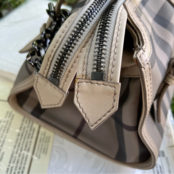 Authentic Burberry Smoked Check Satchel Beige Grey And Leather Bartow Bowler Bag - Picture 13 of 15